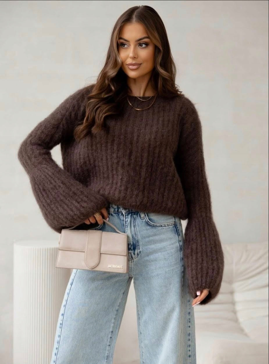 Sweter moherowy dzwonek czekoladowy 80% kid moher rękaw kielich