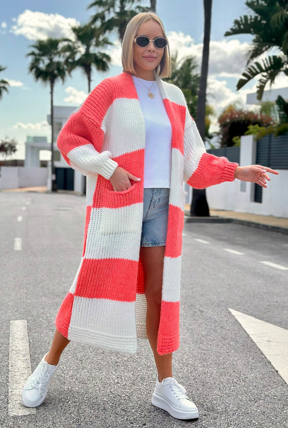 Długi kardigan oversize Agnes Ecru-koral sweter