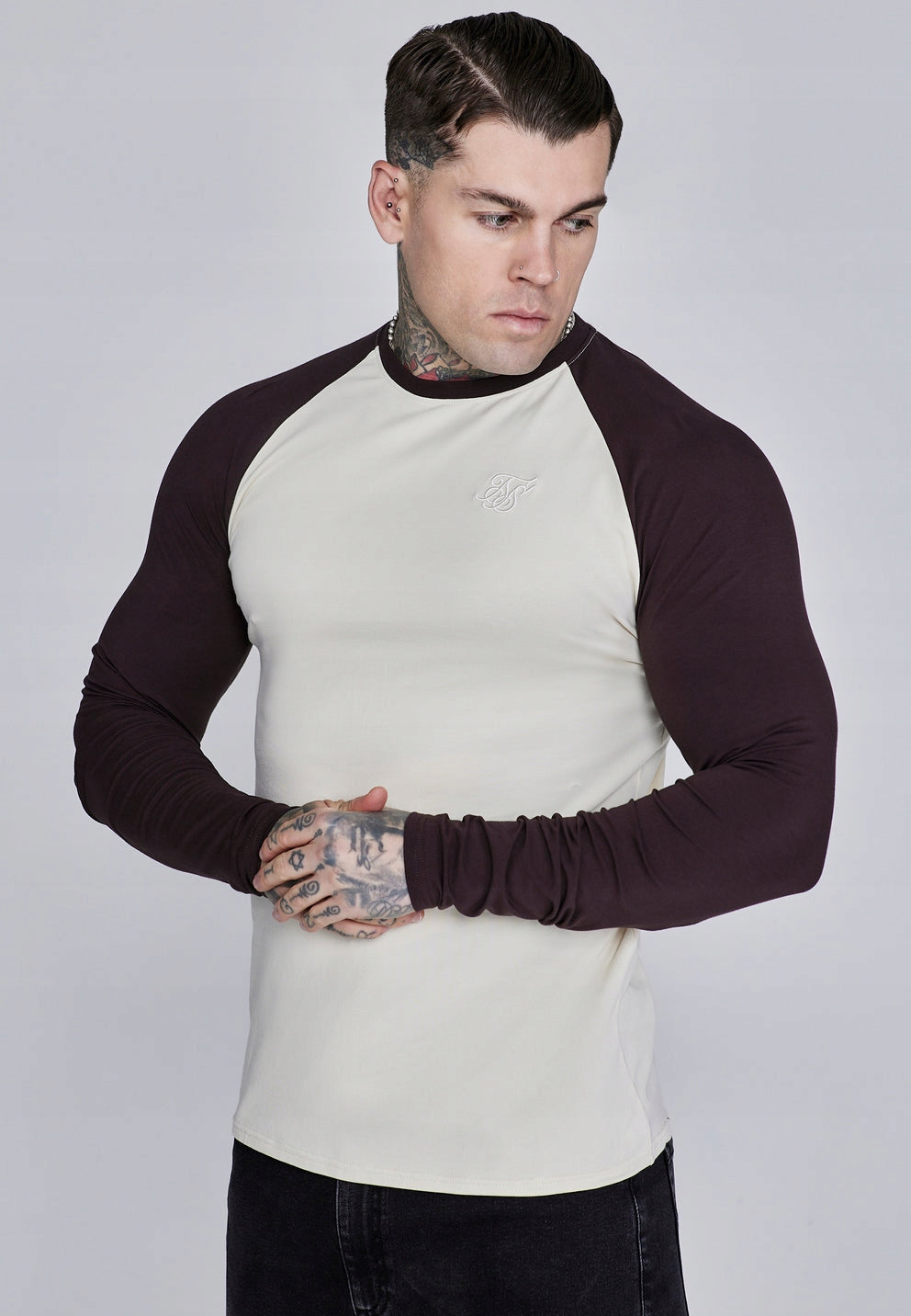 SIKSILK koszulka z długim rękawem Muscle Fit T-Shirt SS-28180 ecru brąz XL