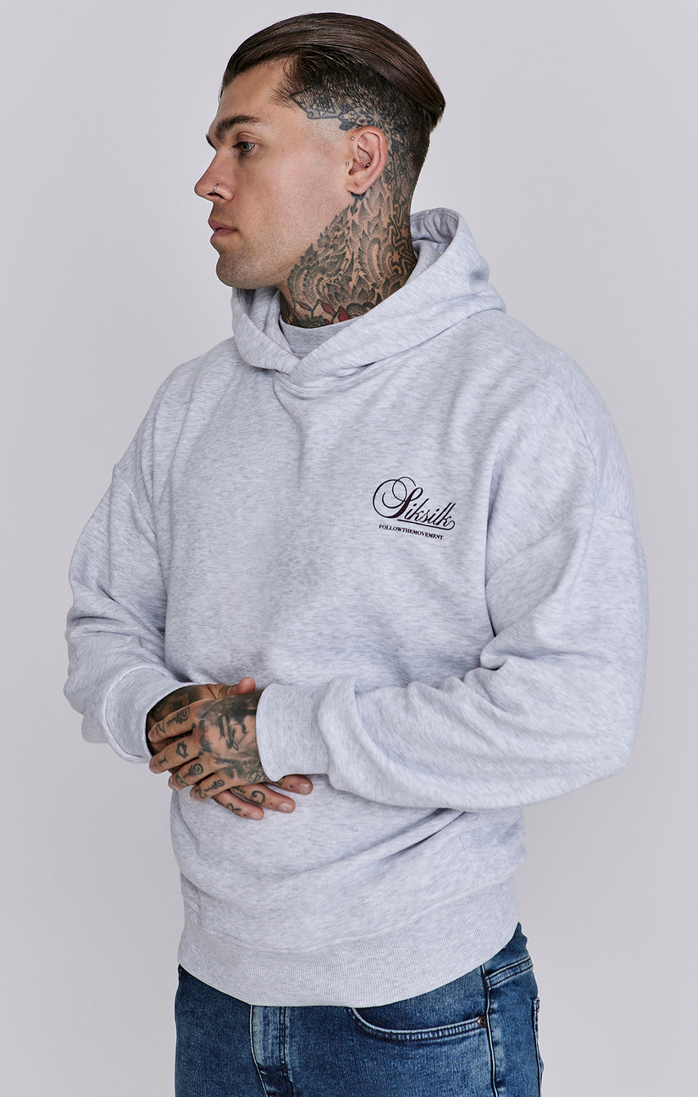 SIKSILK bluza z kapturem męska szara Snow Marl Graphic Hoodie SS-26846