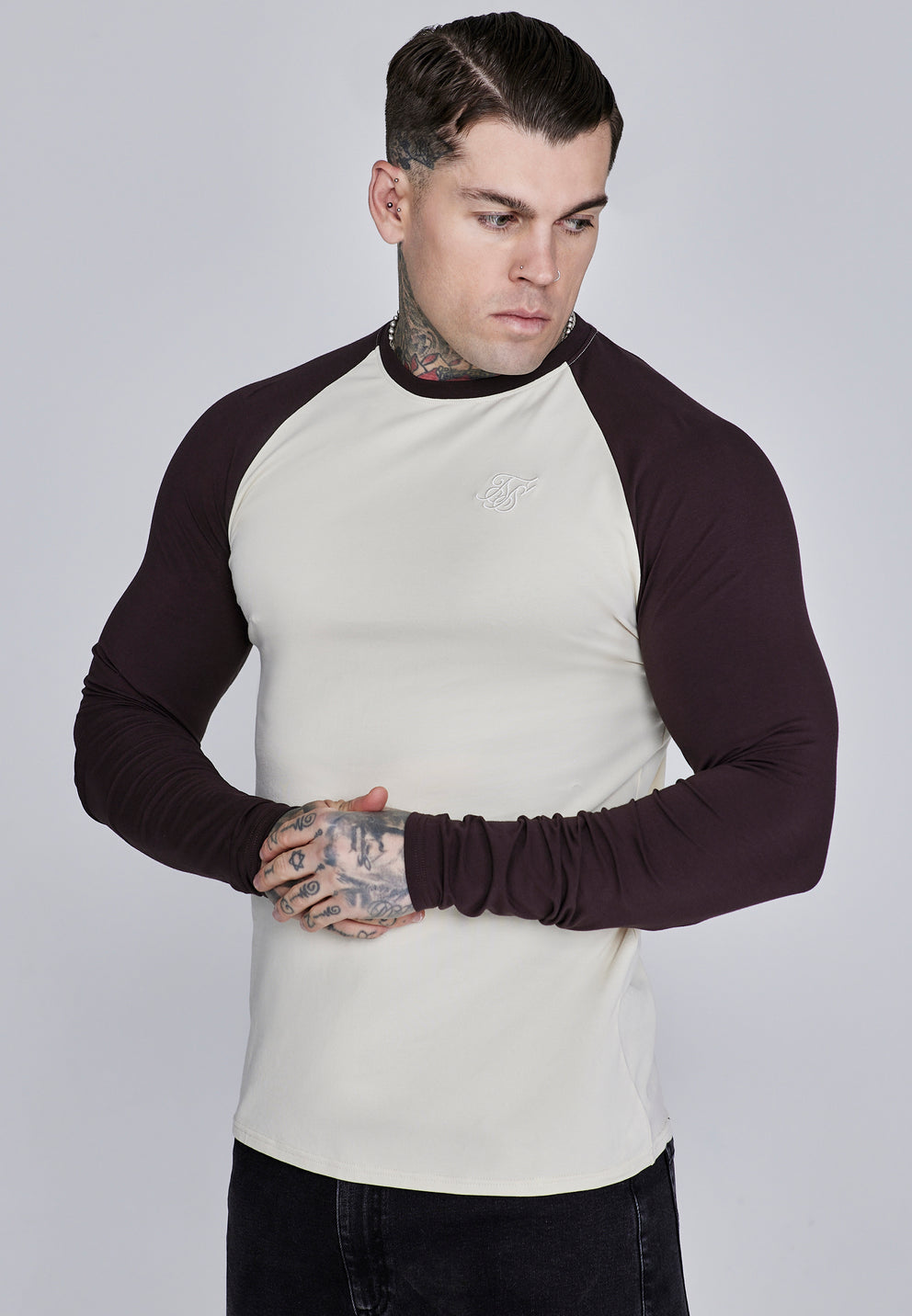 SIKSILK koszulka z długim rękawem Muscle Fit T-Shirt SS-28180 ecru brąz