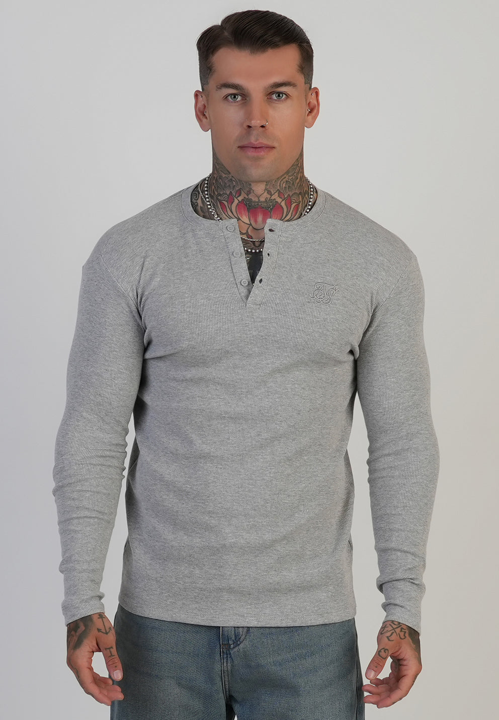 SIKSILK Koszulka szara z długim rękawem SS-27961 Henley T-Shirt