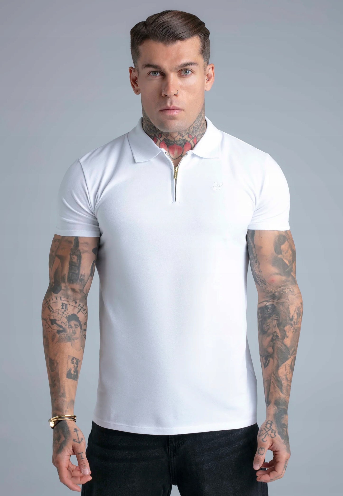 SIKSILK Koszulka Polo z zamkiem biała Zip Polo T-Shirt SS-29270 rozmiar L