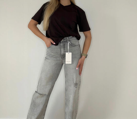 spodnie jeans szare z rozcięciem z szeroką nogawką