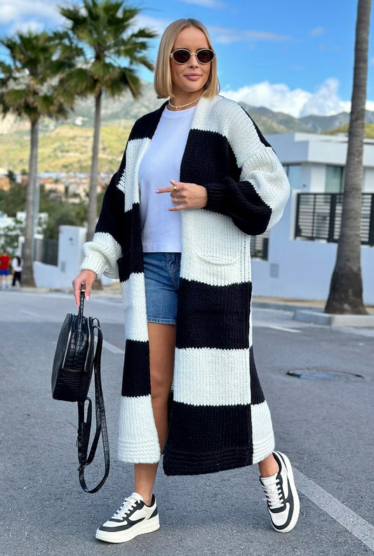 Długi kardigan oversize Ecru-czarny