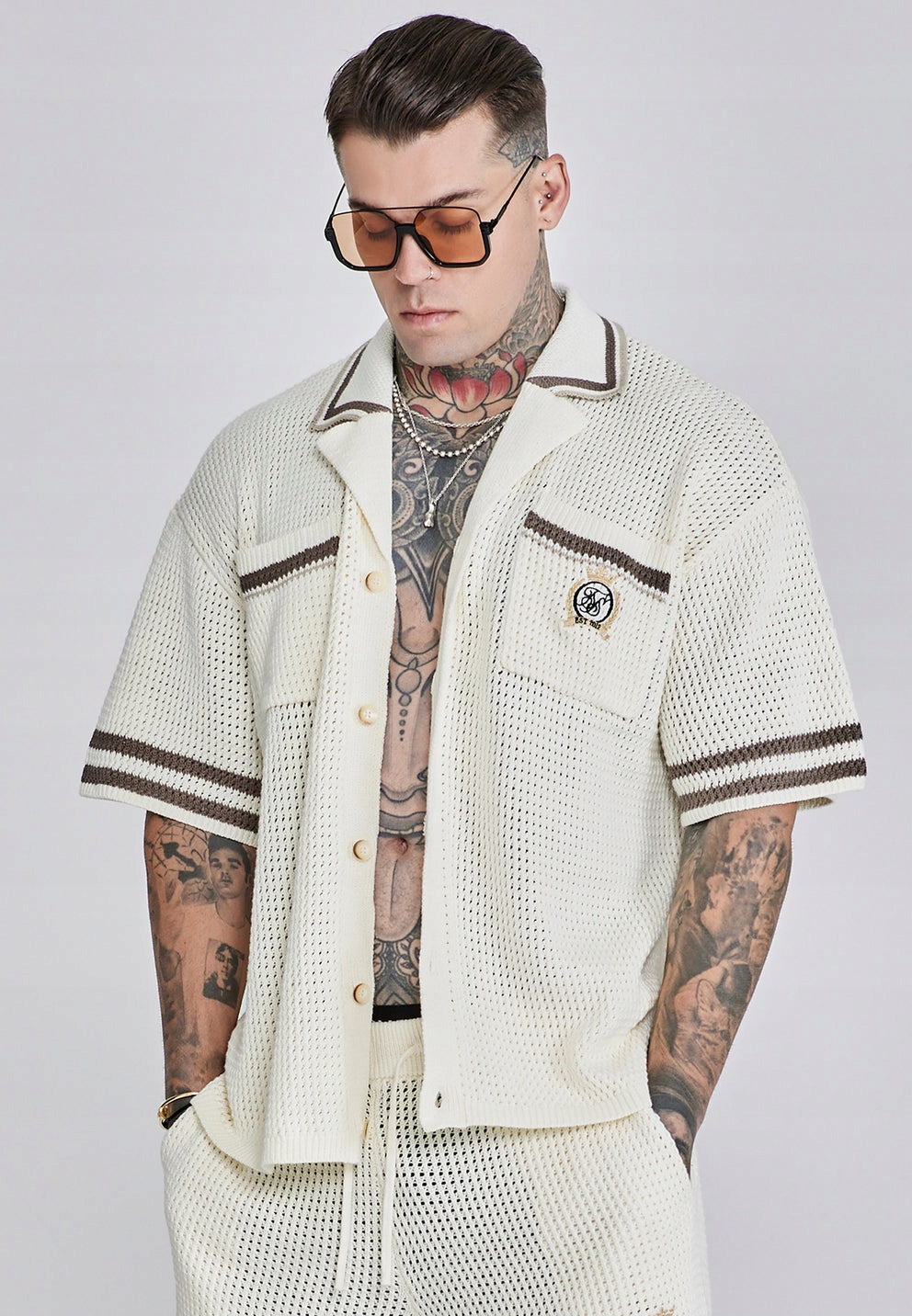 SIKSILK Koszula męska ECRU oversize Knitted Shirt SS-27988 rozmiar L