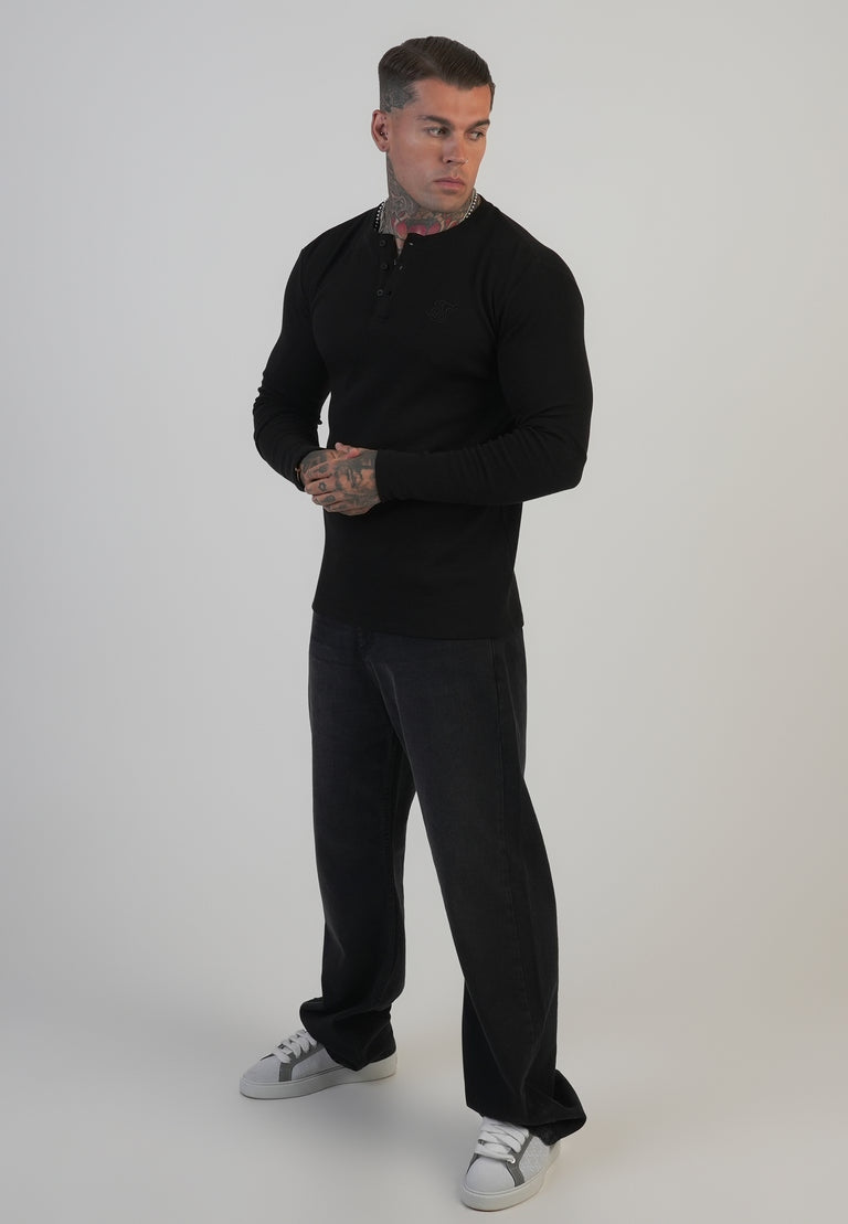 SIKSILK Koszulka czarna z długim rękawem SS-27976 Henley T-Shirt rozmiar S
