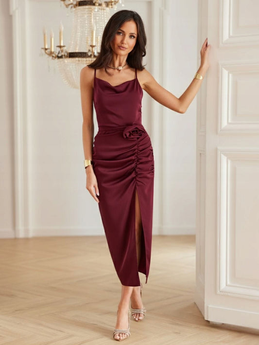 Linda bordowa midi sukienka dopasowana z wiązaną różą elegancka ROCO r. XS