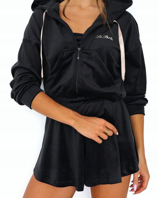 3 CZĘSCIOWY KOMPLET KRÓTKI TOP SPODENKI BLUZA TASIEMKA LA PERLA CZARNY