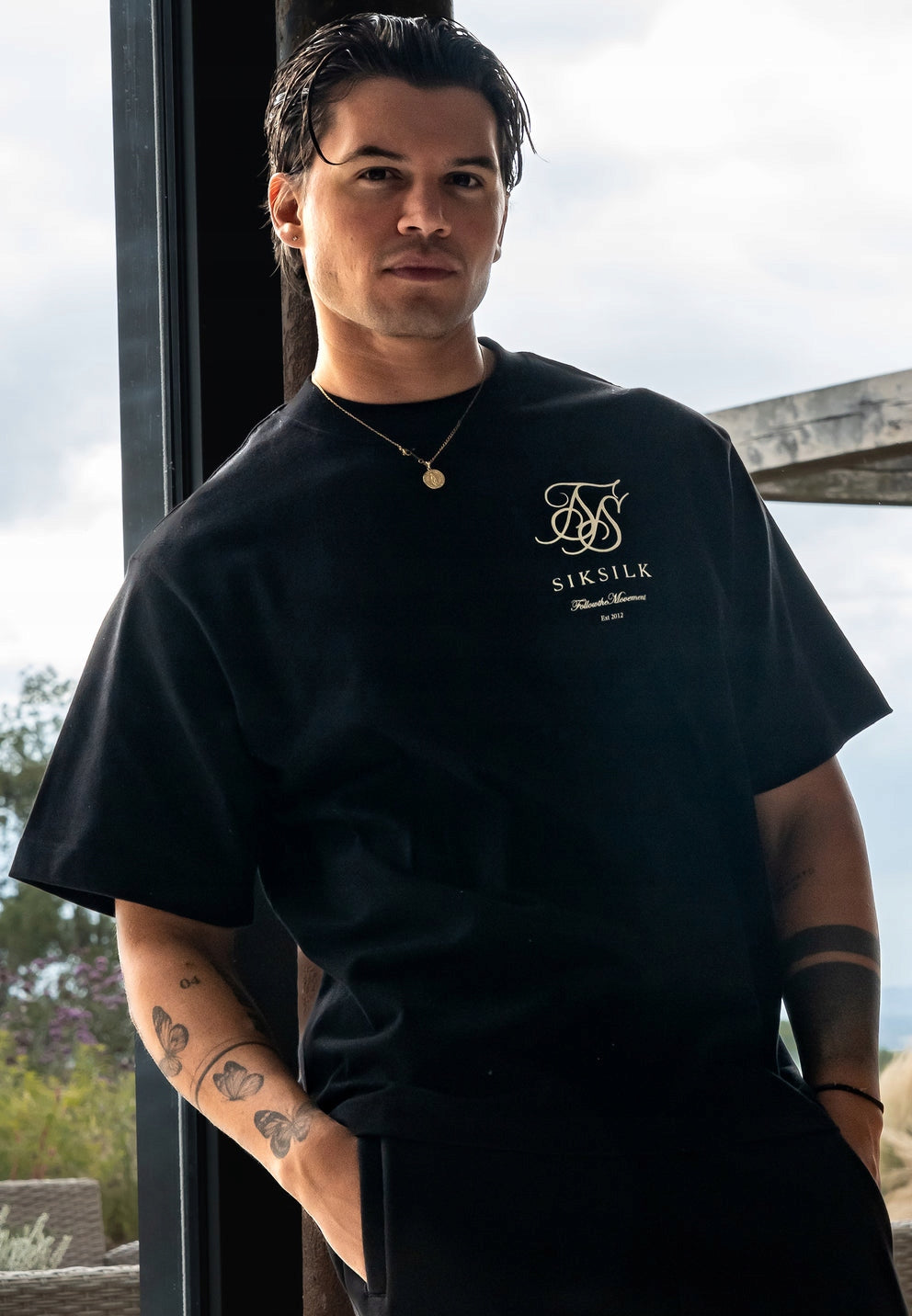 SIKSILK T-shirt męski oversize czarny SS-28866 Logo T-Shirt rozmiar L