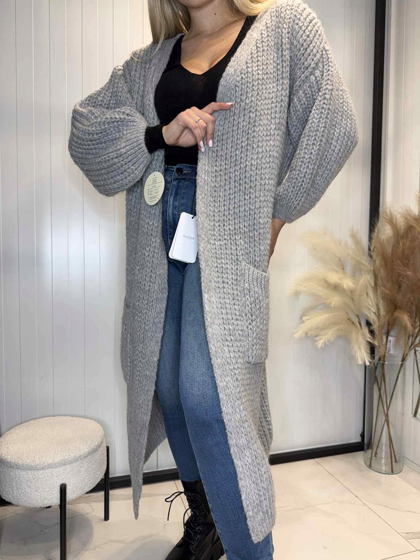 SWETER KARDIGAN SZARY UNIWERSALNY PLECIONY