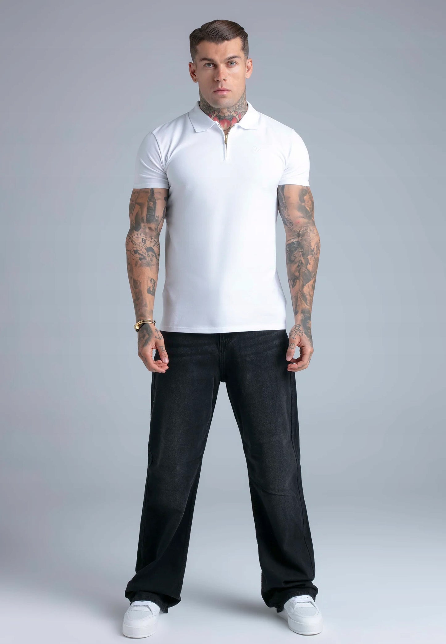 SIKSILK Koszulka Polo z zamkiem biała Zip Polo T-Shirt SS-29270 rozmiar L