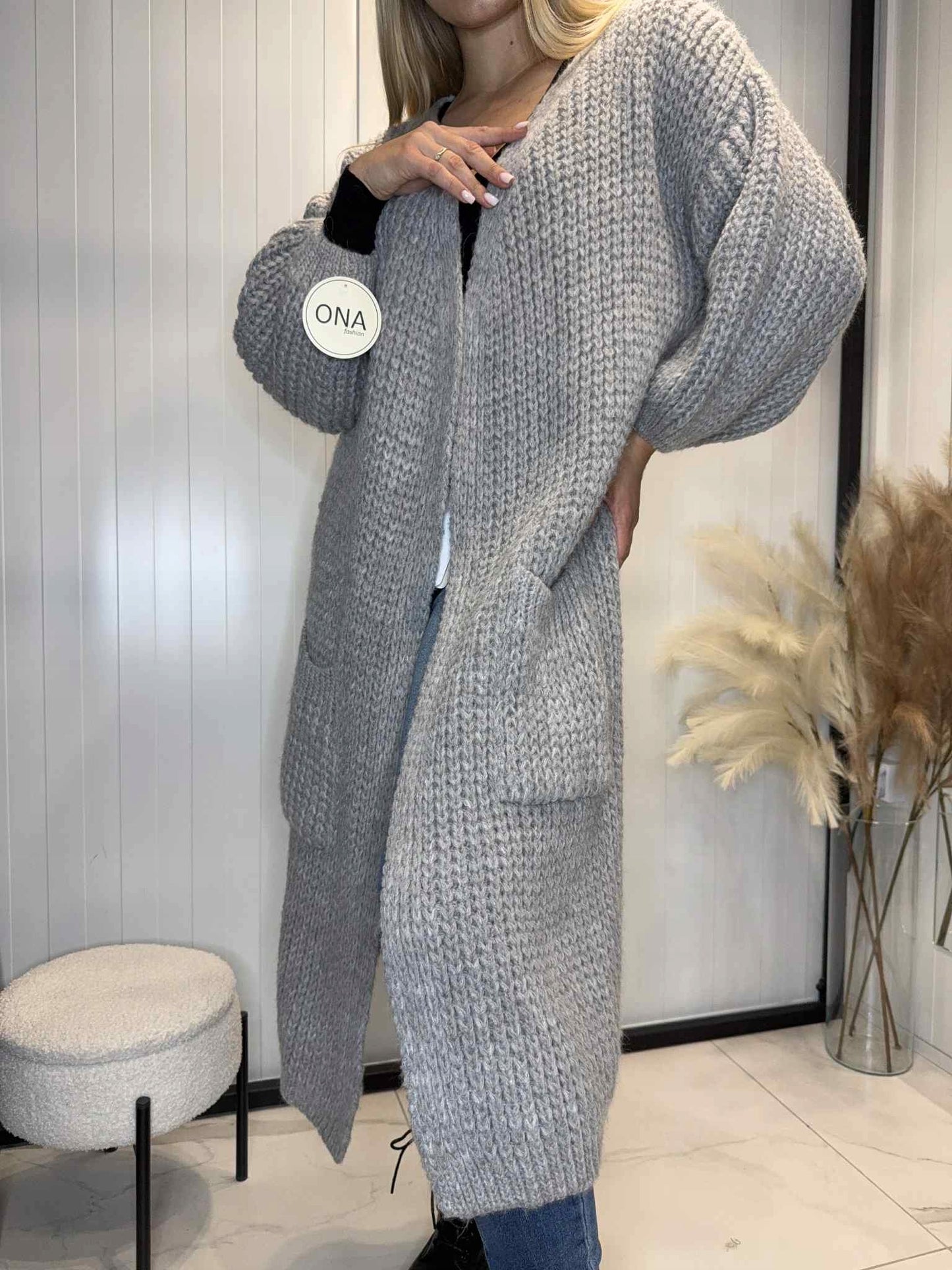 SWETER KARDIGAN SZARY UNIWERSALNY PLECIONY