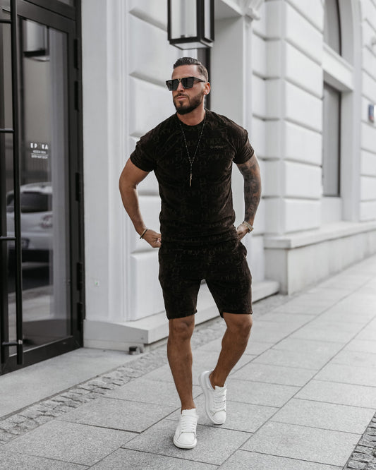 OLAVOGA Komplet męski welurowy O La Voga ETENI brązowy t-shirt i spodenki