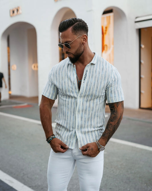 OLAVOGA koszula męska krótki rękaw PORDE 2025 niebieska