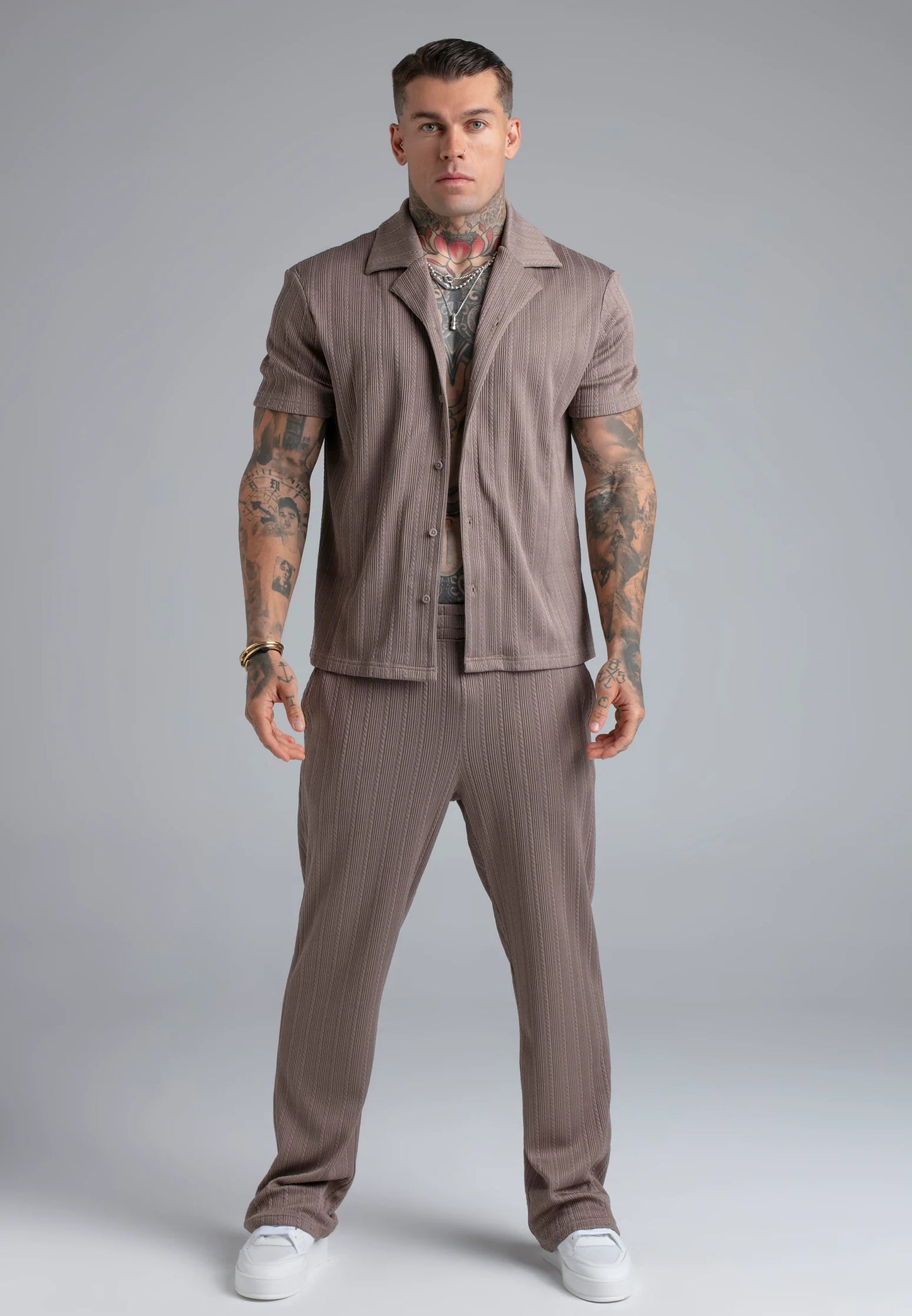 SIKSILK Koszula męska brązowa Textured Shirt SS-29074
