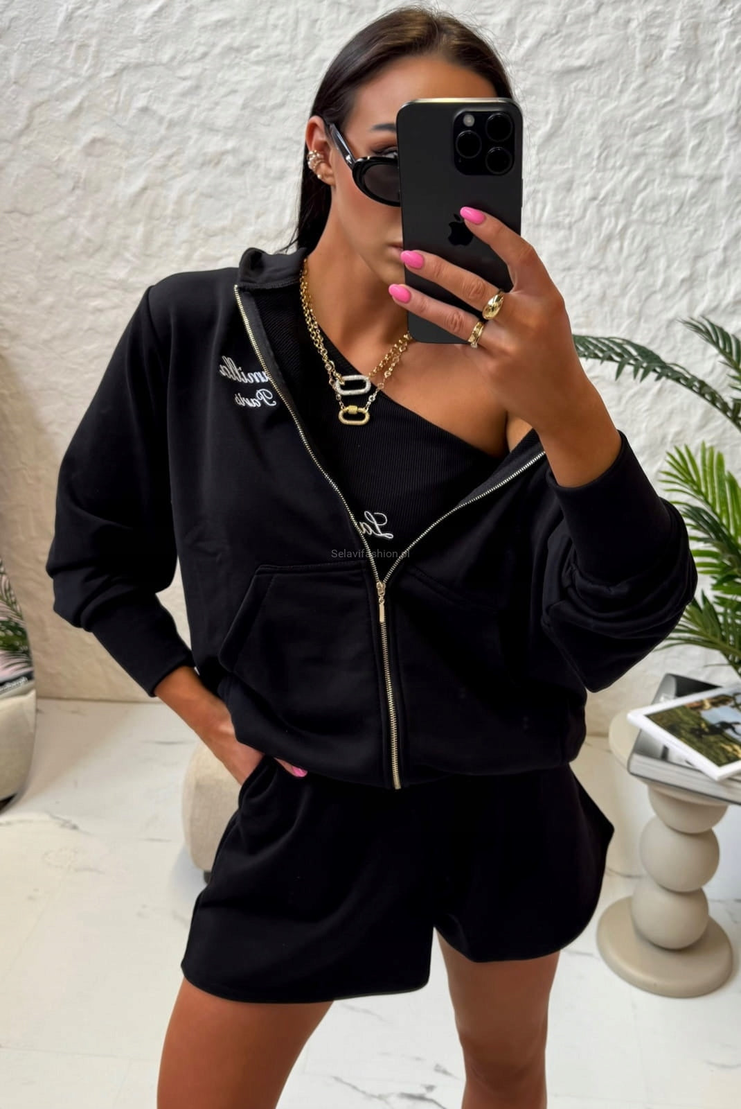 Komplet bluza na zamek i spodenki z haftowanym logo LaMilla czarny M/L