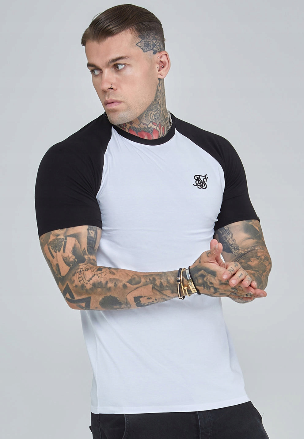 SIKSILK T-Shirt biały Koszulka biało czarna Raglan T-Shirt SS-28480 rozm. L