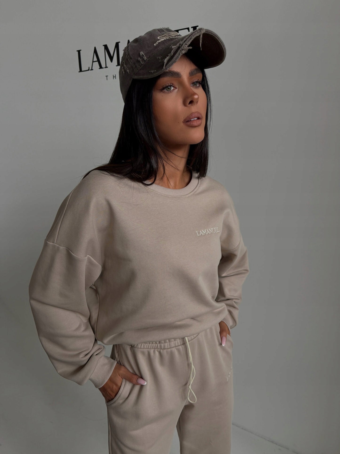 KOMPLET DAMSKI DRES DRESOWY LA MANUEL LAMANUEL WOMAN BEŻ BEŻOWY BAWEŁNA M/L