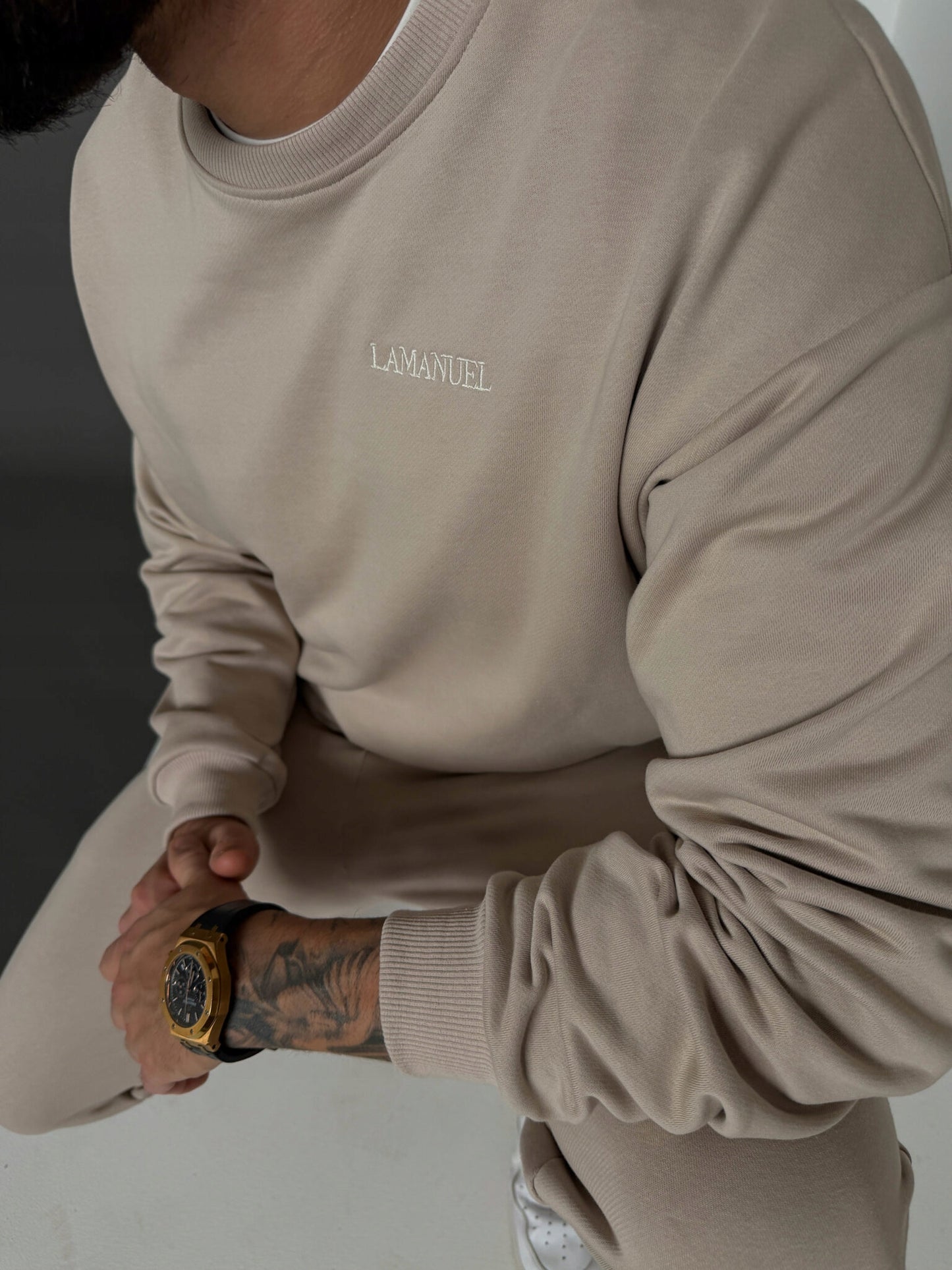 KOMPLET MEN BEŻ LA MANUEL ROZMIAR S/M LAMANUEL BLUZA SPODNIE BASIC