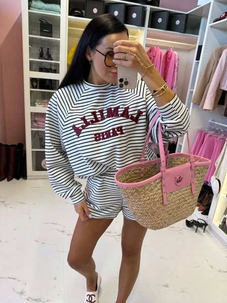 Komplet bluza i spodenki w paski z haftowanym logo LaMilla biały XS/S