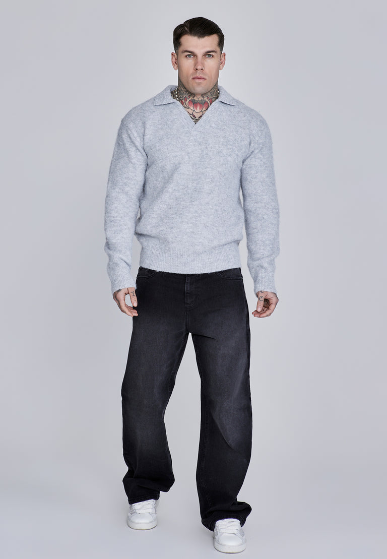 SIKSILK sweter męski szary Knitted Polo Sweater SS-28236 rozmiar L