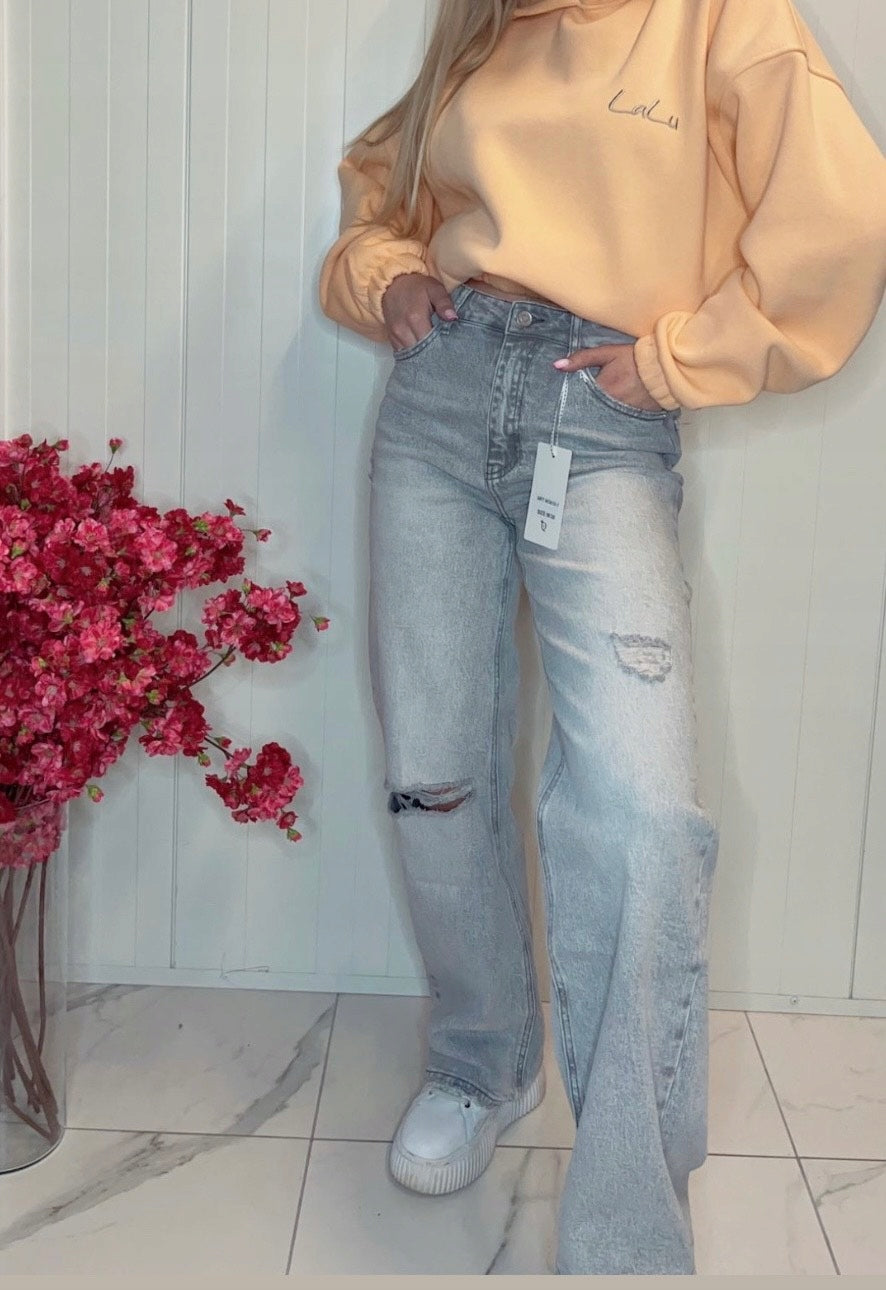 spodnie jeans szare z rozcięciem z szeroką nogawką