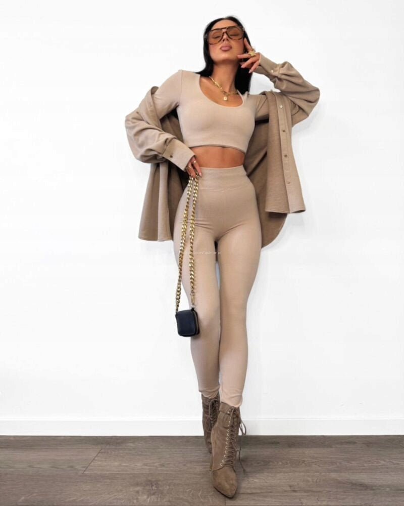 KOMPLET DAMSKI BLUZKA LEGGINSY BEŻ LA MILLA S