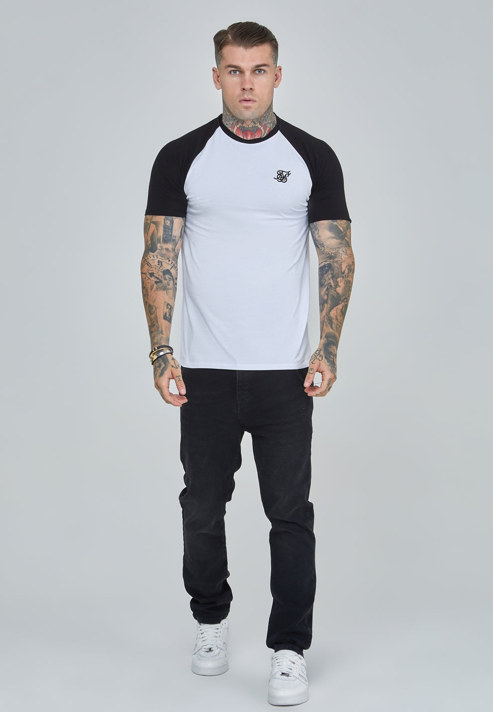 SIKSILK T-Shirt biały Koszulka biało czarna Raglan T-Shirt SS-28480 rozm. L