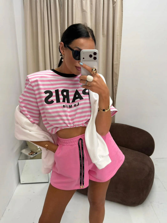 T-SHIRT PARIS KRÓTKI RĘKAW LA MILLA RÓŻOWY W PASKI ROZM UNIWERSALNY LAMILLA