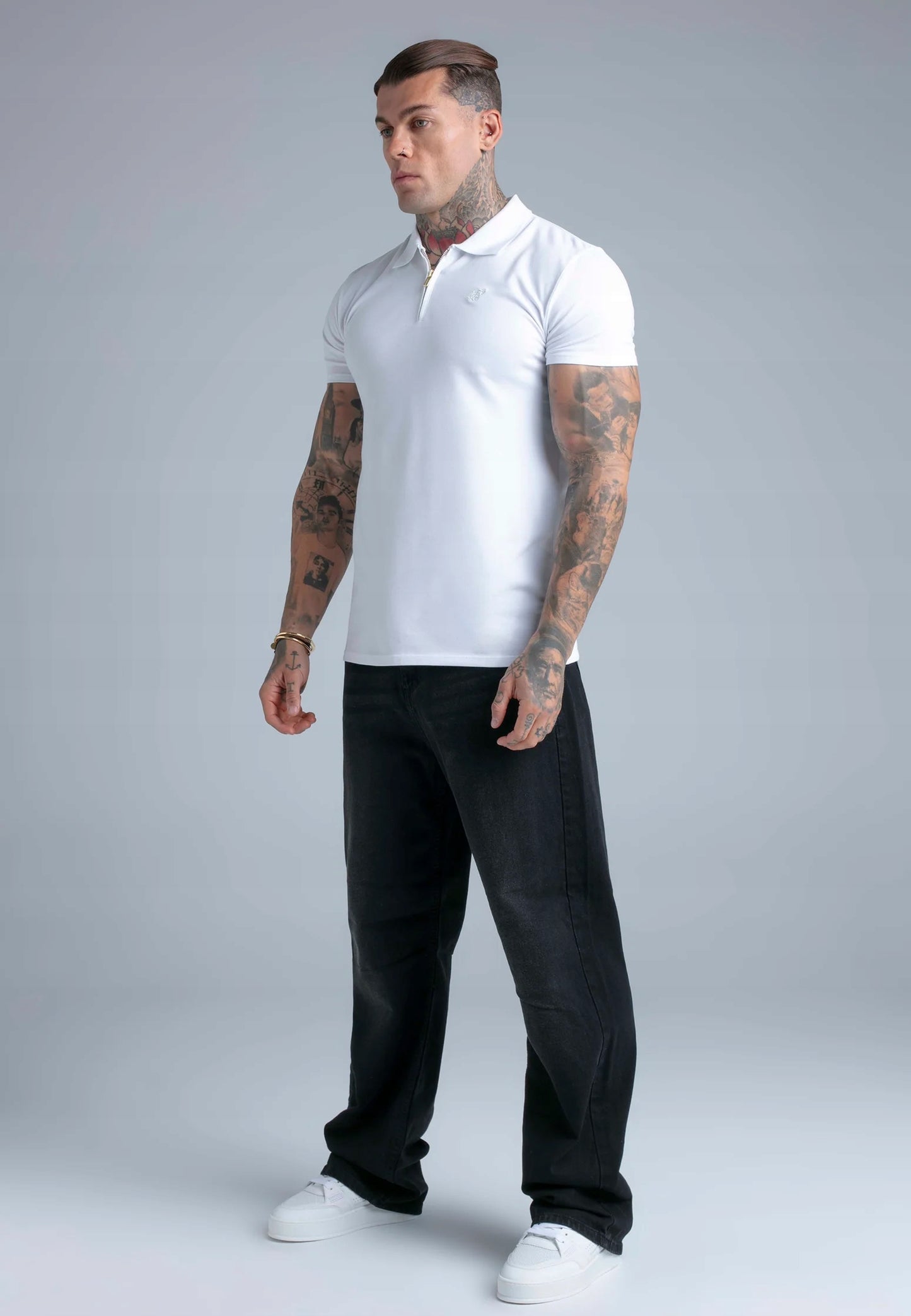SIKSILK Koszulka Polo z zamkiem biała Zip Polo T-Shirt SS-29270 rozmiar M