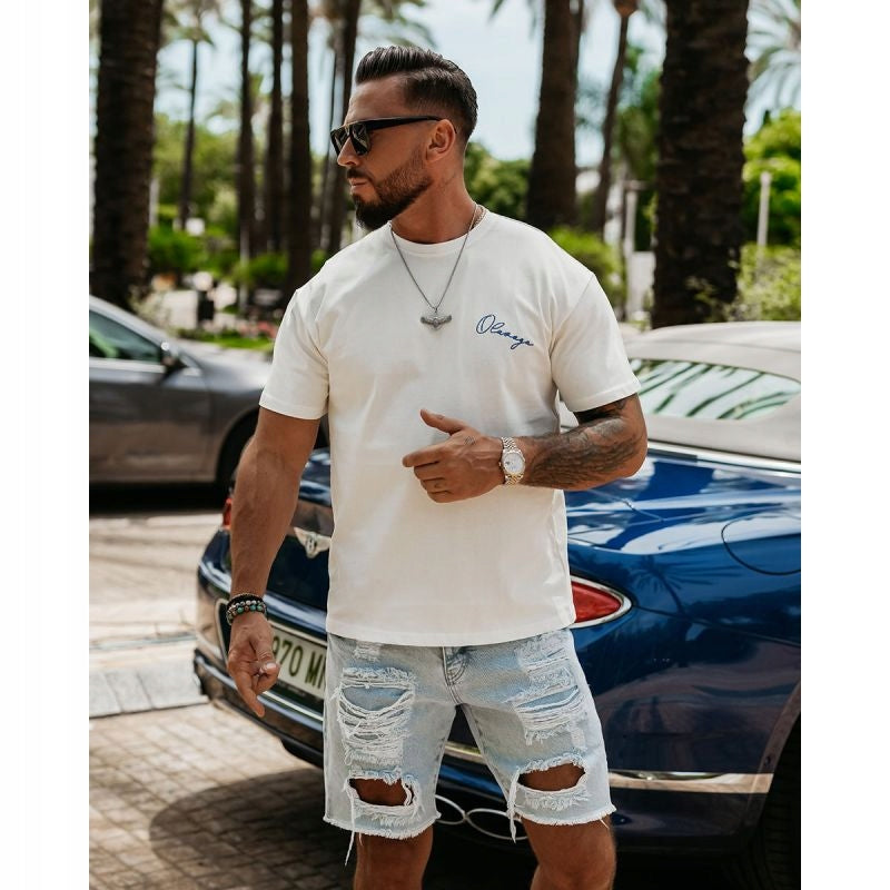 T-shirt męski z logo OLAVOGA Men BLUE HARMONY - Écru (Rozmiar: XL)